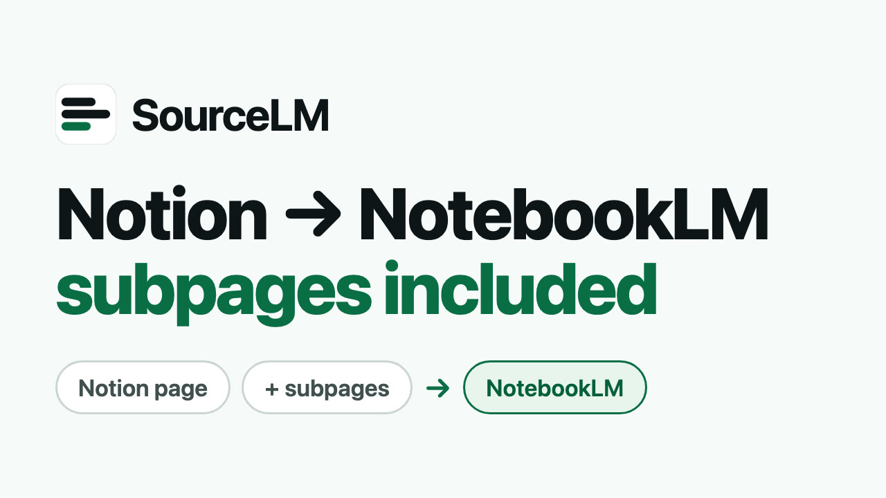 source-lm demo thumbnail: Notion → NotebookLM, subpages included.