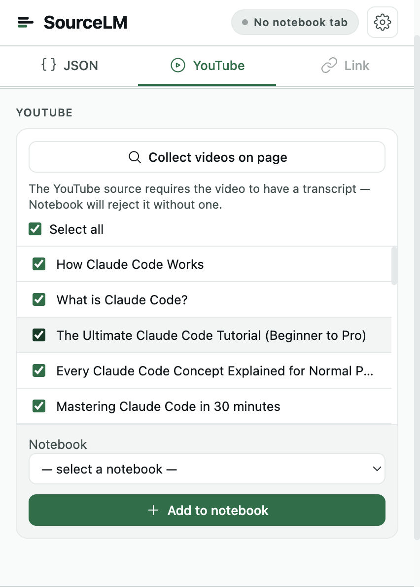 The source-lm popup on its YouTube tab: five videos collected from the page, each with a checkbox, above a notebook picker and an Add to notebook button.