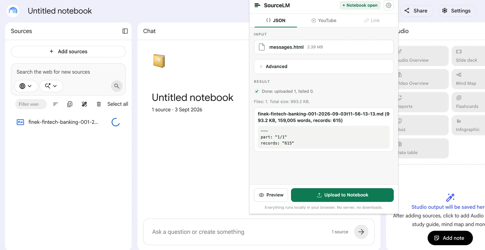 The source-lm popup over a fresh notebook after the run: INPUT messages.html 2.39 MB, RESULT Done: uploaded 1, failed 0, Files: 1, Total size: 993.2 KB, one file card finek-fintech-banking-001-2026-09-03t11-56-13-13.md with 159,005 words and 615 records; the same file appearing in the notebook's Sources panel on the left.