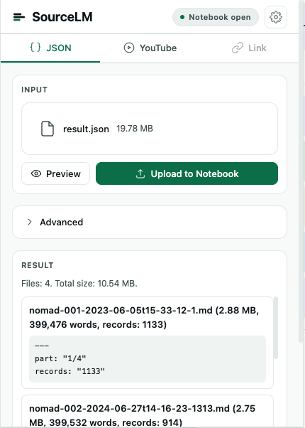 The source-lm popup after the run: INPUT result.json 19.78 MB, RESULT Files: 4, Total size: 10.54 MB, and the first file cards with their word and record counts.